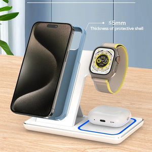 15W 3-in-1 LED Fast Wireless Charger Stand Foldable | Multi-Device Station