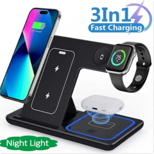 15W 3-in-1 LED Fast Wireless Charger Stand Foldable | Multi-Device Station